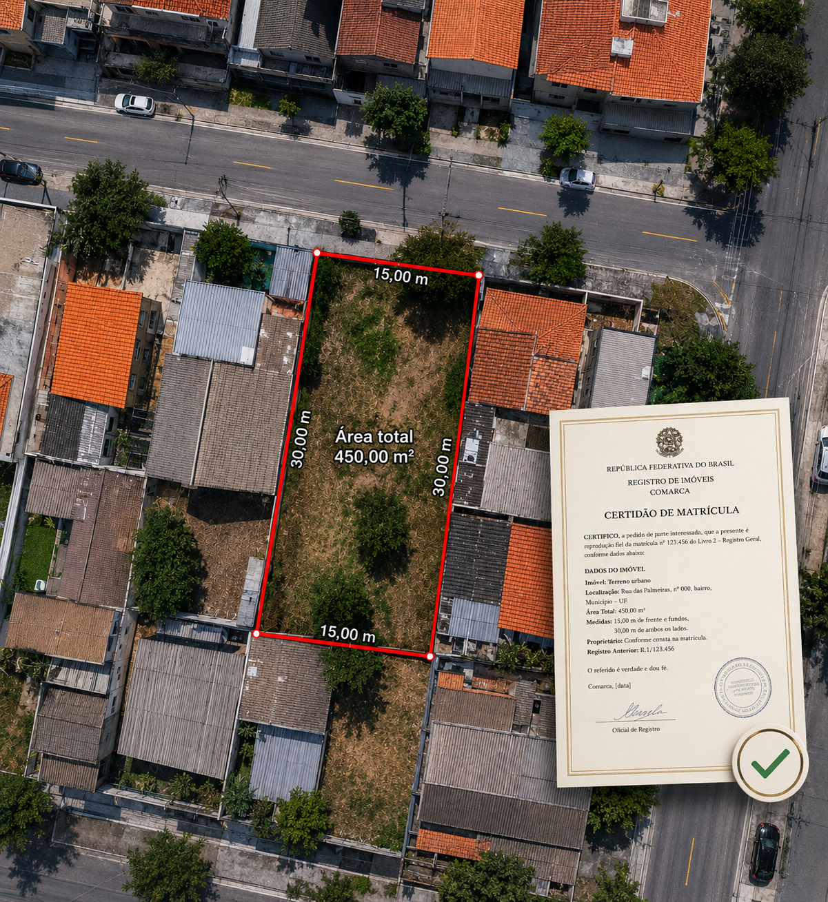 Vista aérea de um terreno urbano demarcado ao lado da documentação regularizada
